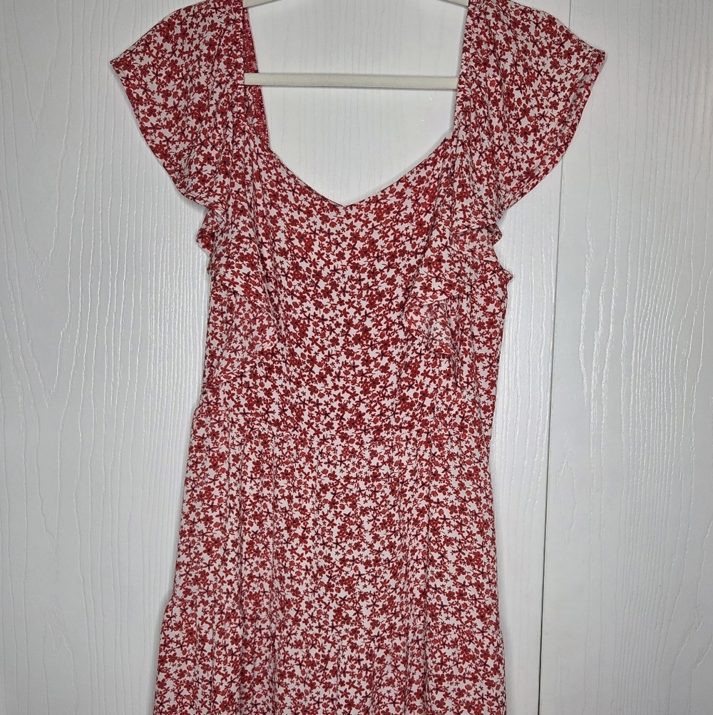 Monteau Red Floral Midi Dress with White Background-Size L